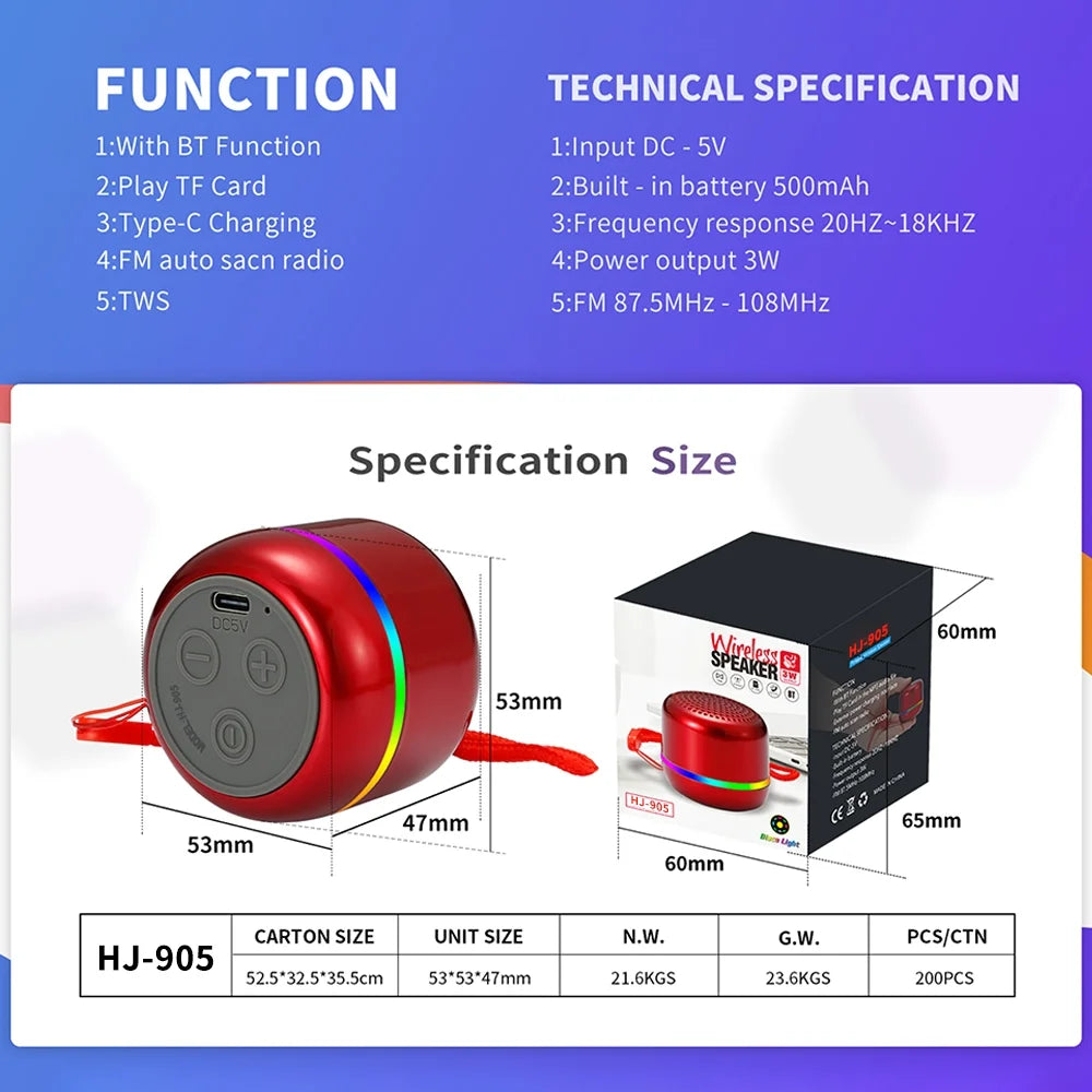 Specifikacije mini bezicnog zvucnika HJ-905 sa dimenzijama i funkcijama