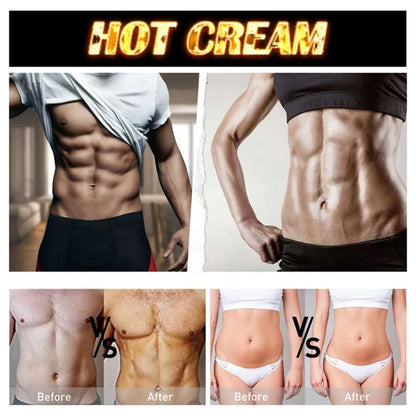 Hot Cream krema za oblikovanje tela sa uporednim prikazom definicije stomaka kod muskaraca i zena pre i posle upotrebe