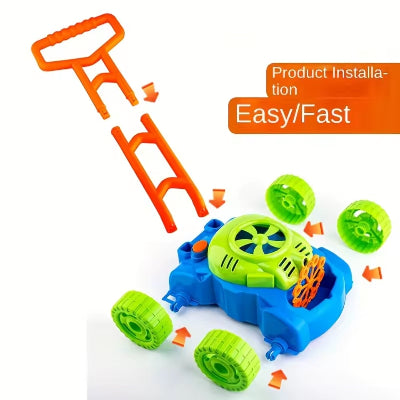 Detaljan prikaz plave igracke kosilice na balone, sa tockovima i drskom, laka za sklapanje i upotrebu, savrsena za malisane.