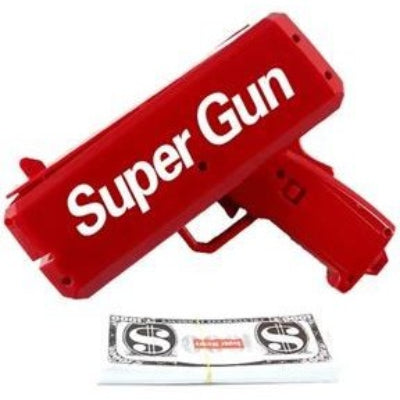 Crveni Super Gun pistolj za ispaljivanje novca, sa snopom novcanica. Idealna igracka za zurke, proslave i rodjendane, stvara uzbudljivu atmosferu.