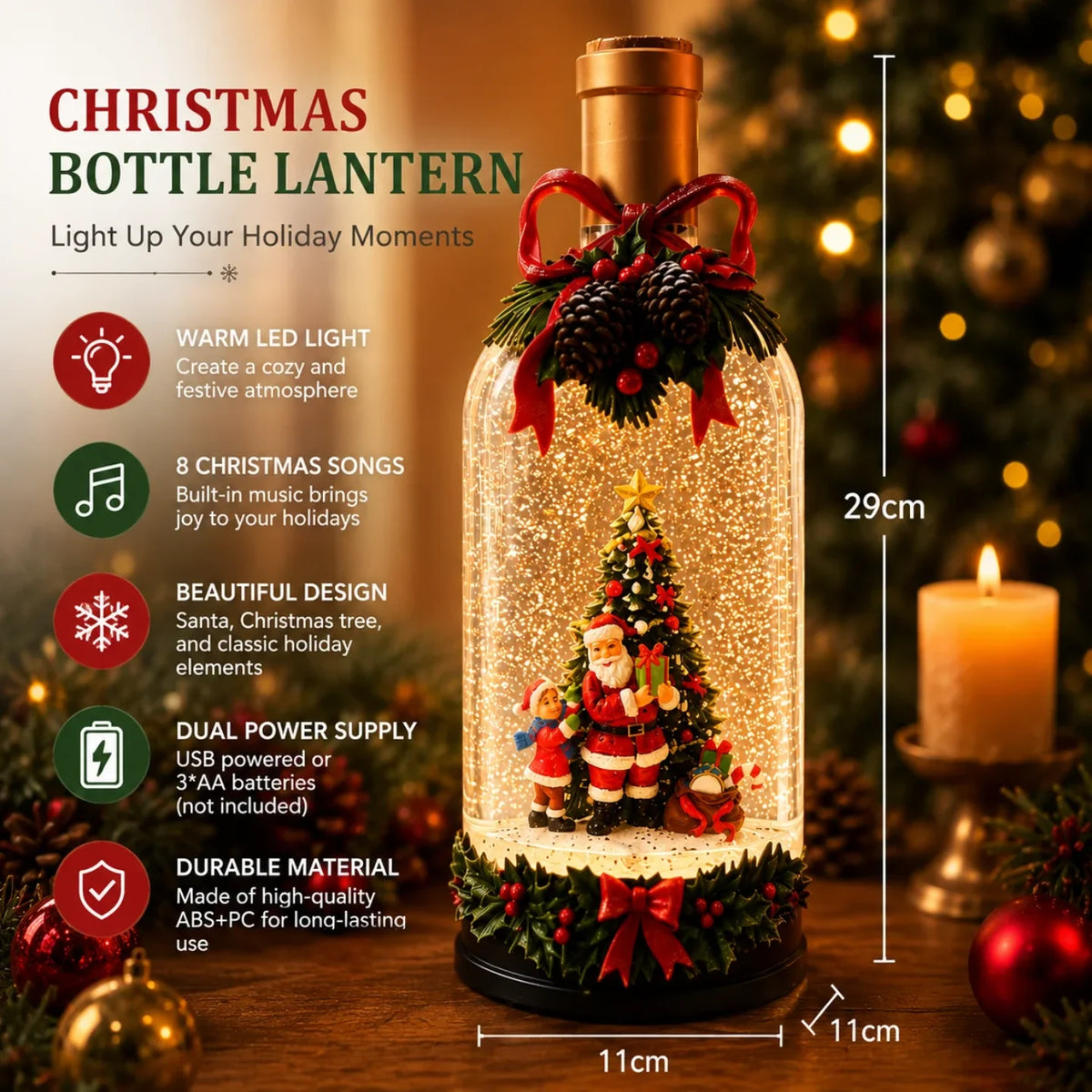 Infografik novogodisnje flasa lampe sa led svetlom, muzikom i dualnim napajanjem