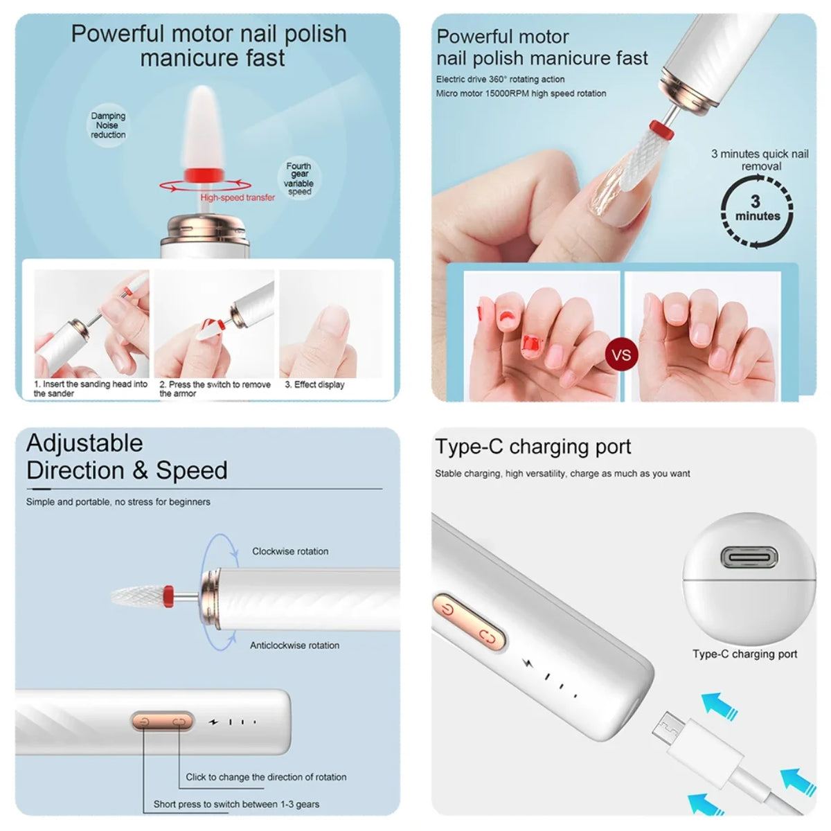 Infografika elektricne turpije za nokte sa podesivom brzinom i USB-C punjenjem