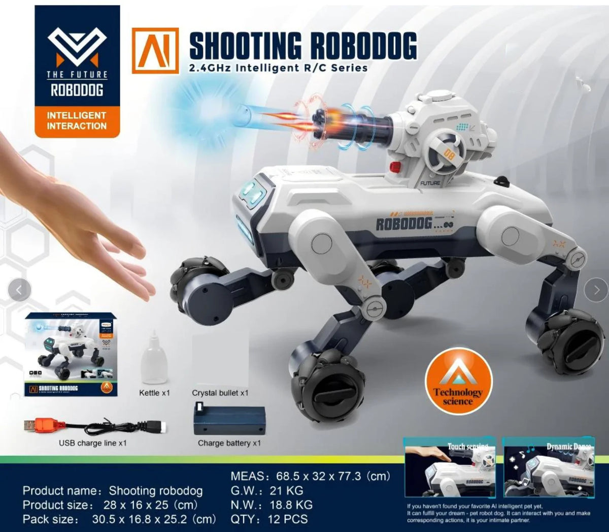 Infografika robotskog psa na daljinski sa sadrzajem pakovanja i dimenzijama