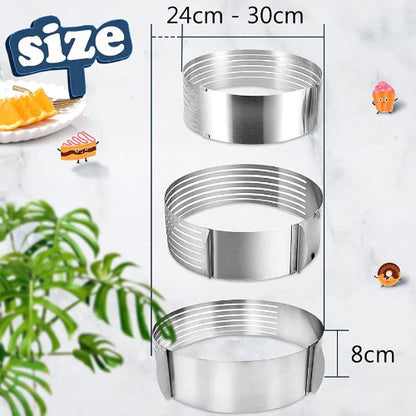 podesivi okrugli sečivo za torte izrađen od nerđajućeg čelika, prikazano sa naznačenim dimenzijama: podesivi prečnik od 24cm do 30cm i visina od 8cm. Prikazana su tri nivoa podešavanja visine sečiva unutar prstena.