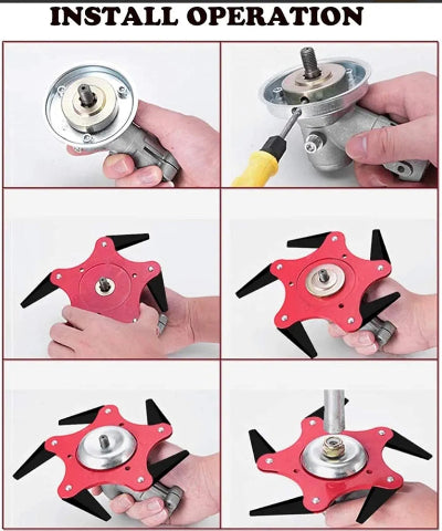 Uputstvo za laku instalaciju glave trimera. Prikazani koraci montaze nozeva i nastavaka na kosilicu.