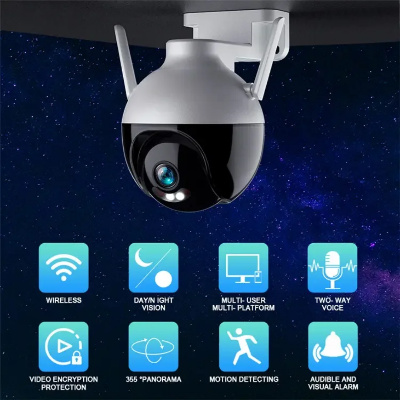 IP WiFi kamera za video nadzor. Ikone prikazuju kljucne funkcije: 360 rotacija, detekcija pokreta, dvosmerni zvuk i P2P.