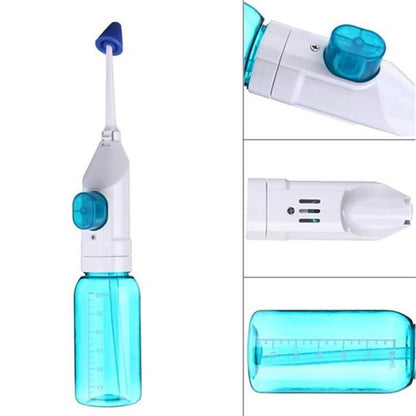 Detaljan prikaz irigatora za zube sa bocnim dugmetom, mlaznicom i rezervoarom sa mernim oznakama