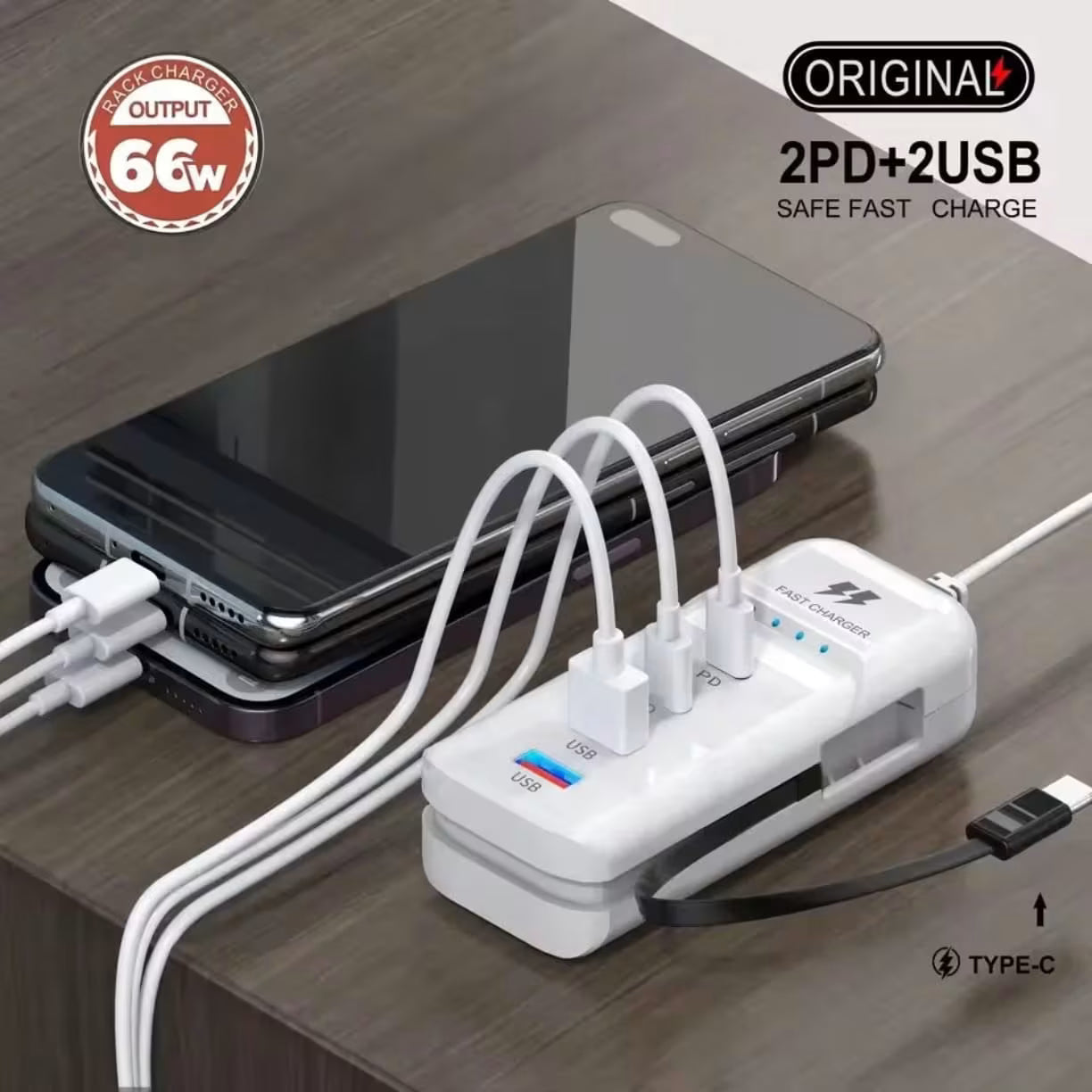 Prikaz tri mobilna telefona složena jedan na drugi dok se pune preko belog aparata sa vise povezanih kablova