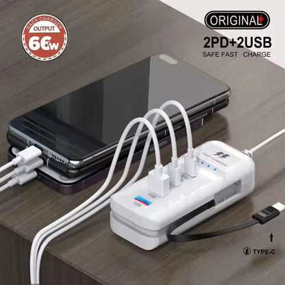 Prikaz tri mobilna telefona složena jedan na drugi dok se pune preko belog aparata sa vise povezanih kablova
