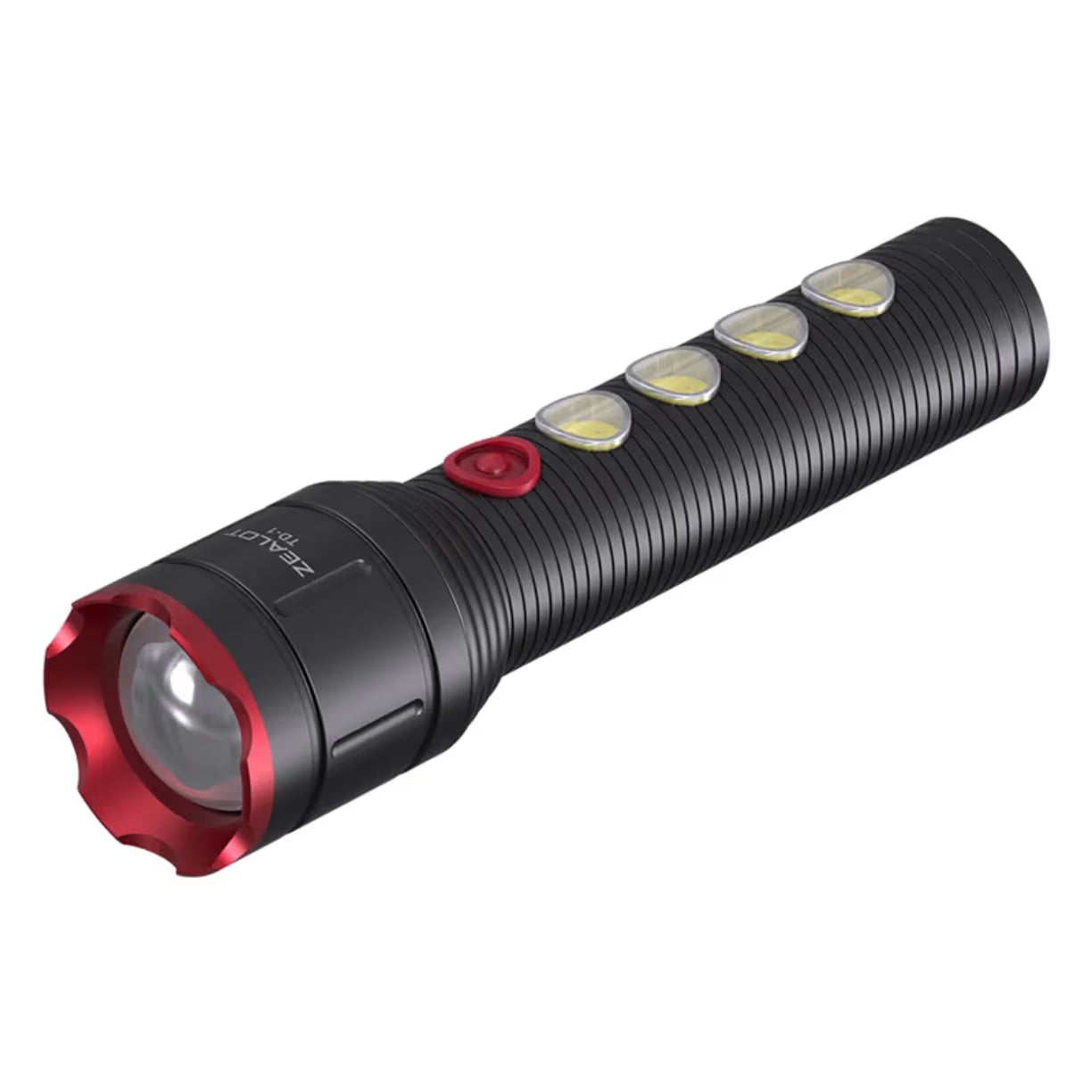 Prikaz rucne lampe iz ugla koji naglasava krupno prednje stakleno socivo unutar nazubljenog crvenog zastitnog okvira