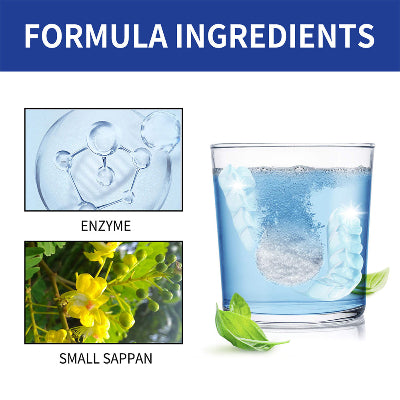 Sastojci Jaysuing Retainer Cleaner tableta. Enzimska formula za dubinsko ciscenje i uklanjanje mrlja i neugodnih mirisa.