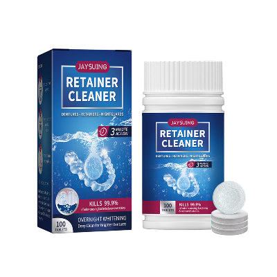 Jaysuing Retainer Cleaner, pakovanje i boca sa tabletama. Sredstvo za ciscenje retajnera, proteza i ortodontskih pomagala.
