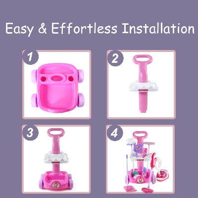 Prikaz uputstva za jednostavnu i laku instalaciju decjih kolica za ciscenje i pribora, korak po korak.