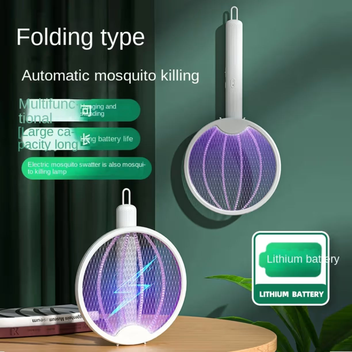 Prikaz lampe okacene na zid i postavljene na sto uz oznaku za dugotrajnu punjivu bateriju