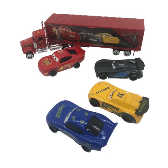 Kamion transporter sa prikolicom i cetiri metalna autica na beloj pozadini