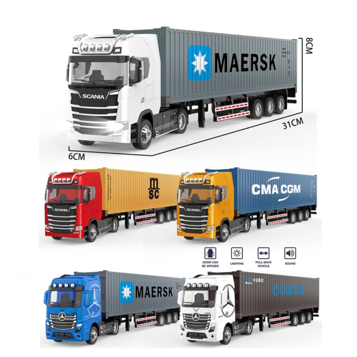 Prikaz modela igracaka teretnih kamiona u razlicitim bojama sa kontejnerima logistickih kompanija Maersk, MSC, CMA CGM i Cosco sa dimenzijama