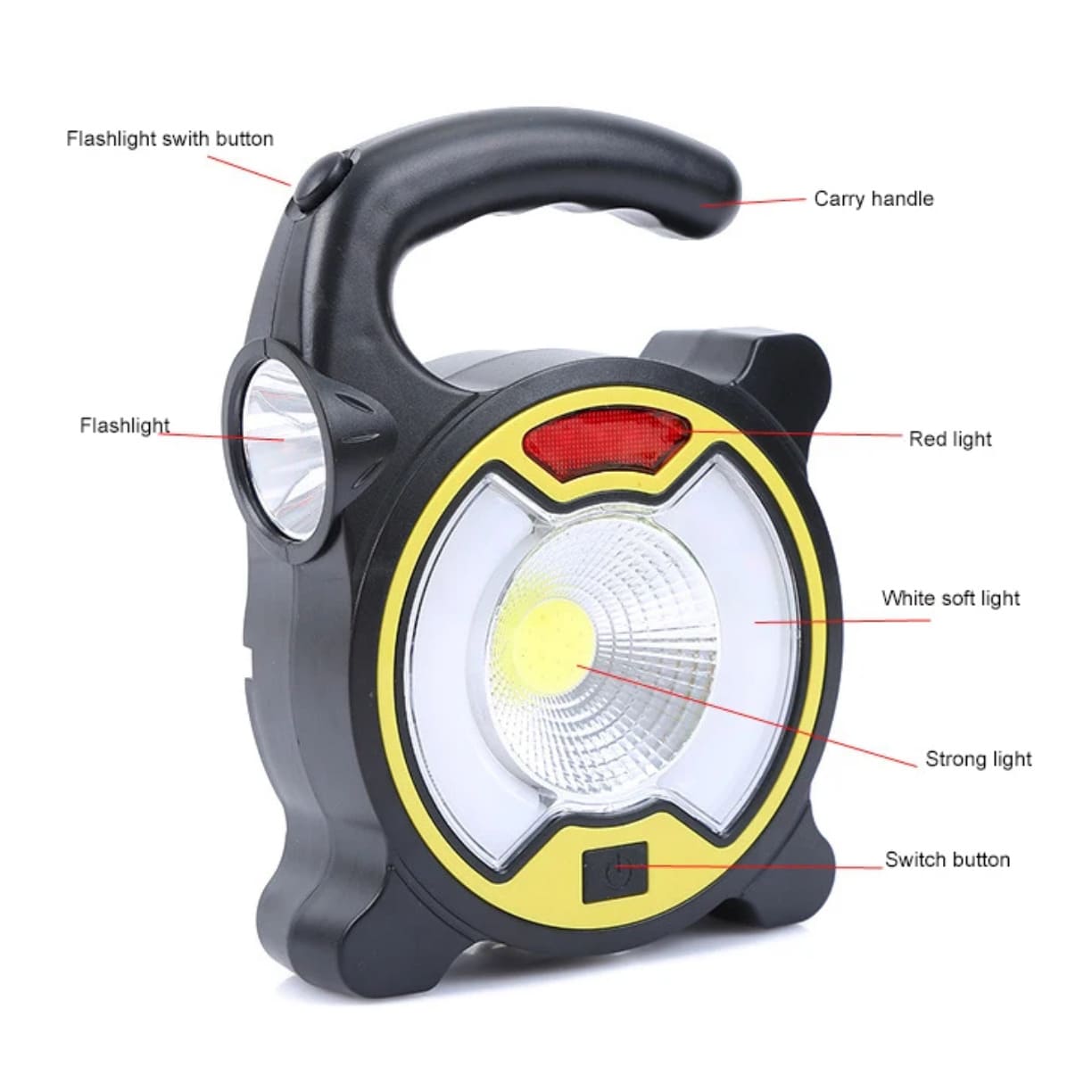 Prikaz funkcija COB kamperske lampe sa ručkom reflektorom i signalnim svetlom