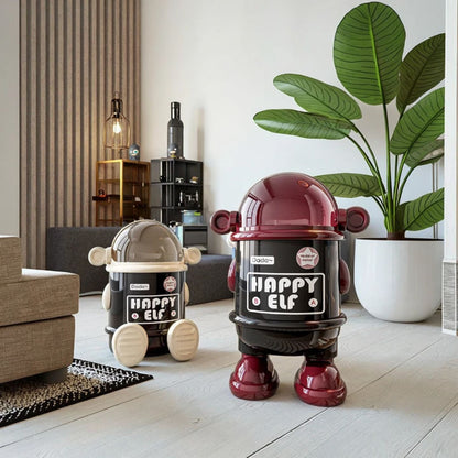 Dekorativna kanta za smece u obliku robota postavljena u modernom dnevnom boravku