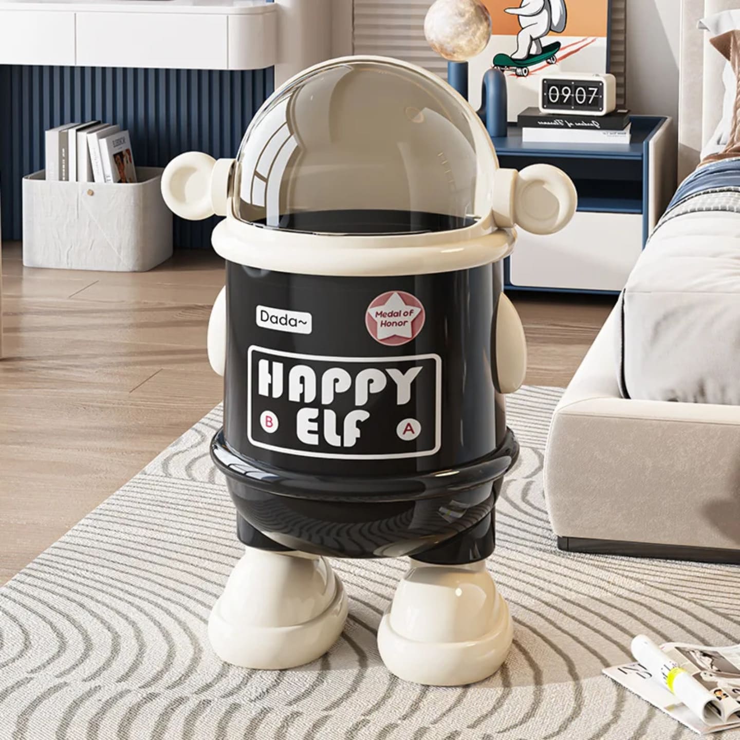 Dekorativna kanta za smece robot u svetloj boji sa zatvorenim poklopcem