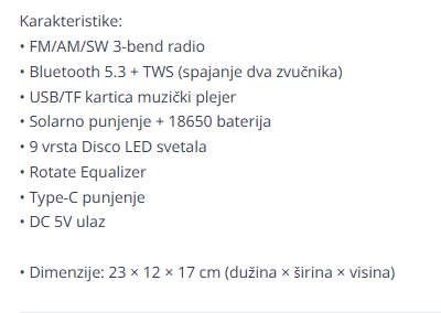 Tekstualna lista karakteristika retro solarnog radio zvucnika
