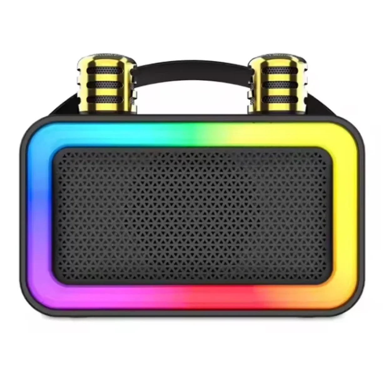Prednji pogled na karaoke bluetooth zvucnik sa sarenim RGB okvirom