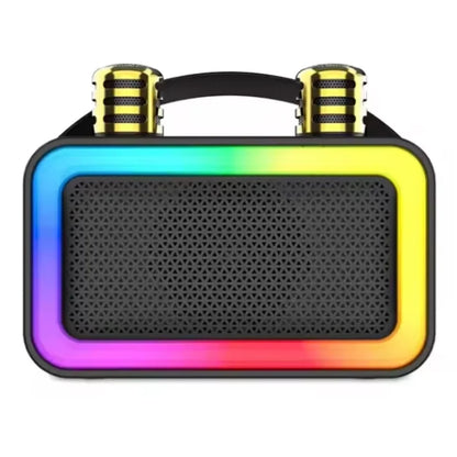 Prednji pogled na karaoke bluetooth zvucnik sa sarenim RGB okvirom
