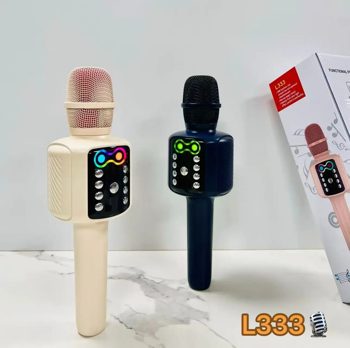 Karaoke mikrofoni u krem i plavoj boji sa RGB osvetljenjem i ambalazom