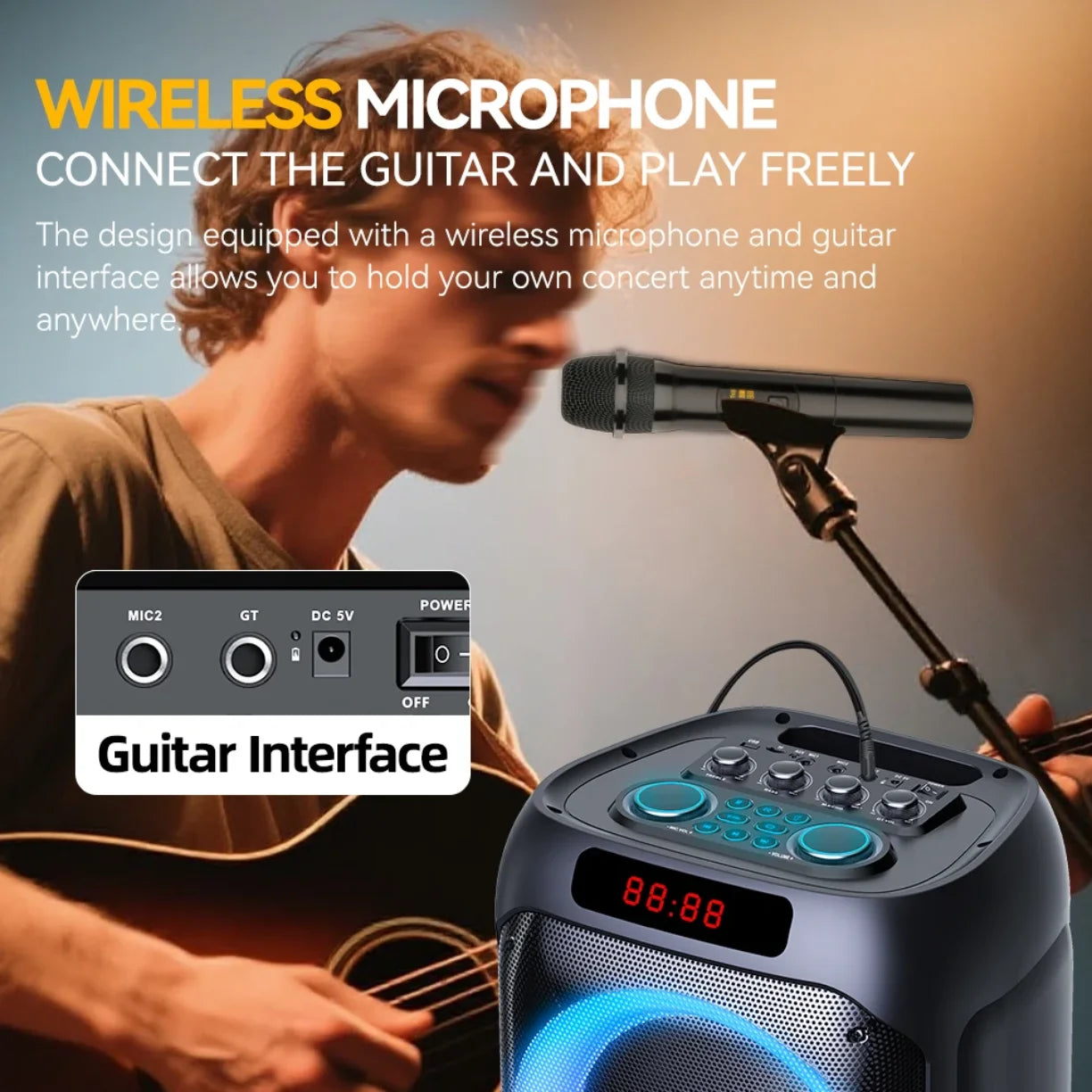 karaoke bluetooth zvucnik povezan sa gitarom i mikrofonom