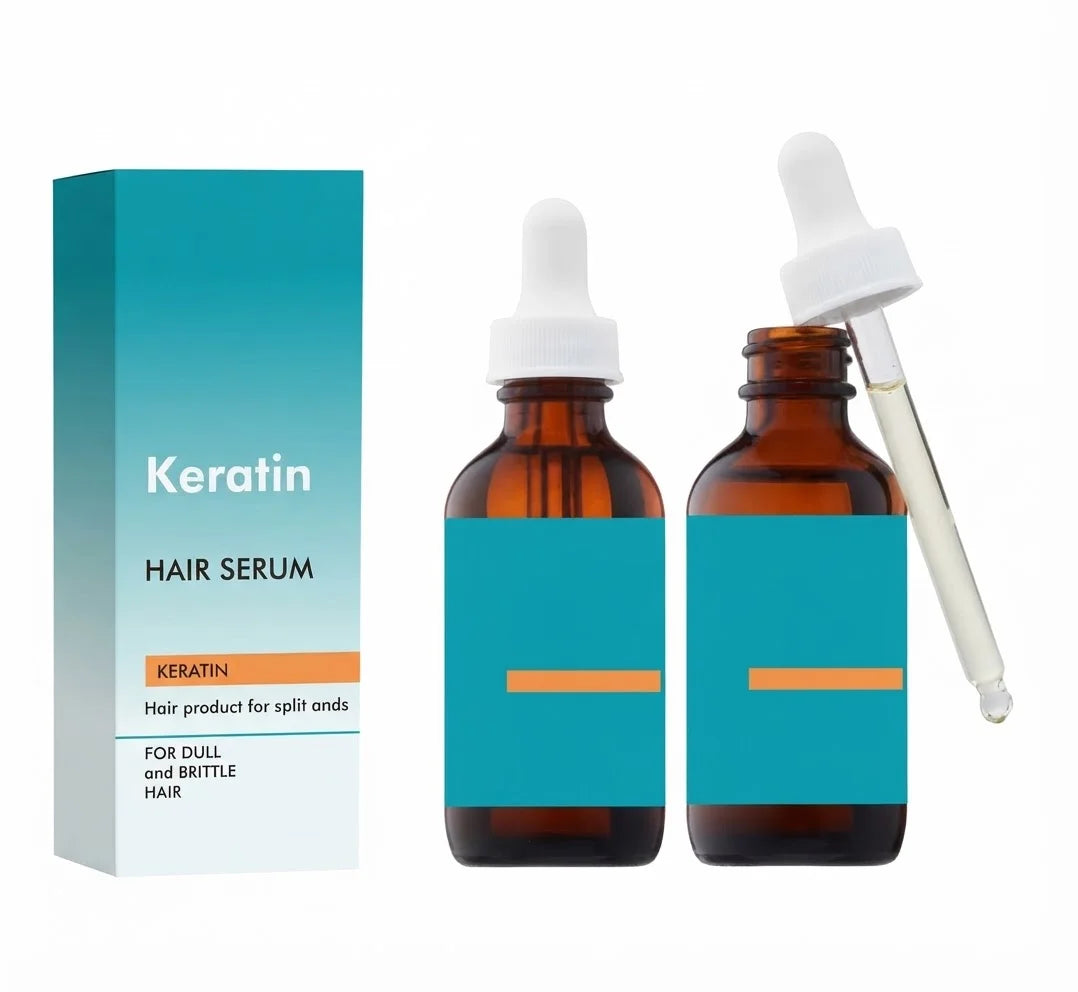 Keratin hair serum u bocicama sa pipetom i kutijom