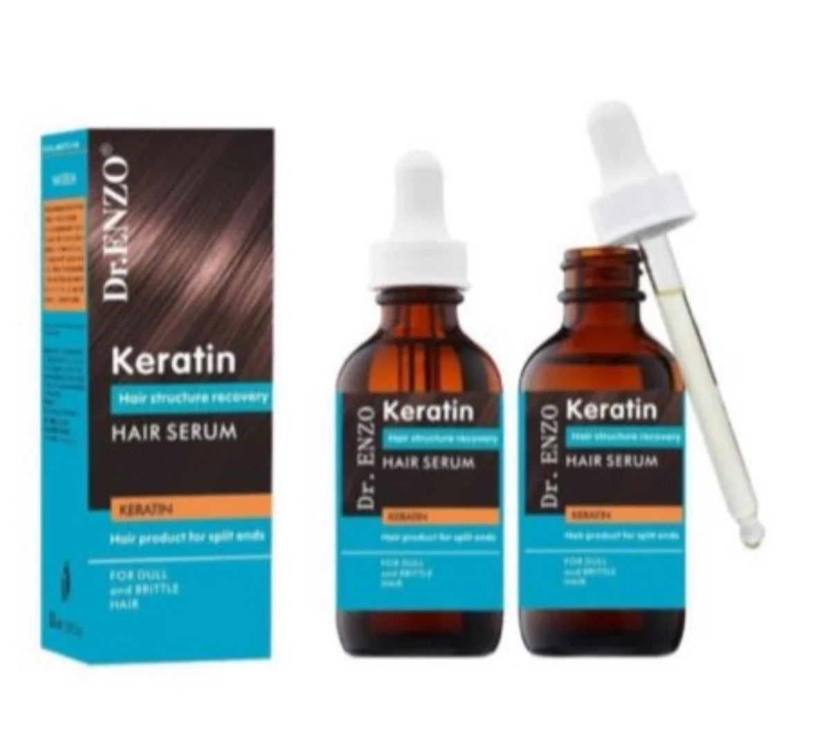 Keratin serum za kosu u staklenim bocicama sa pipetom i kutijom