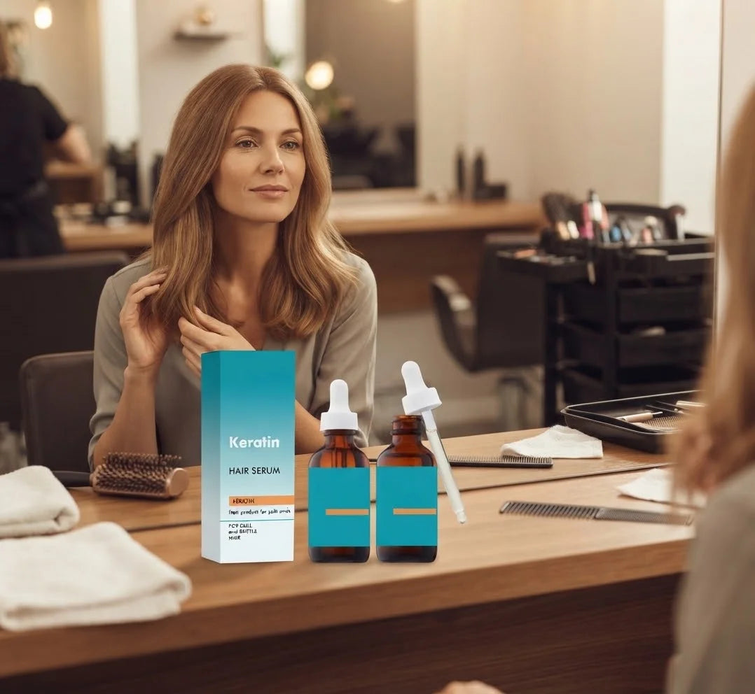 Zena u salonu sa keratin serumom za kosu na stolu