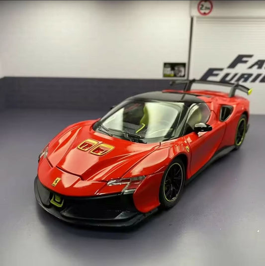 kolekcionarski sportski auto 1 24 crveni model sa izrazenim prednjim delom i sportskim linijama karoserije