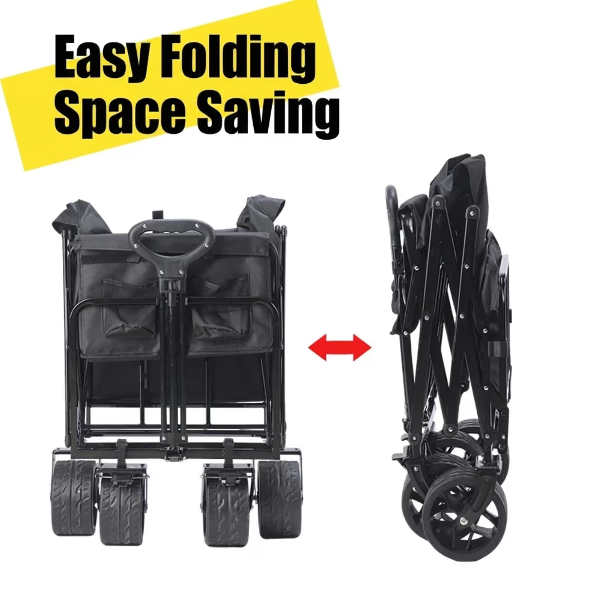 Prikaz kolica u potpuno sklopljenom stanju sa prednje i bocne strane cime se dokazuje usteda prostora