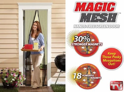 Prikaz Magic Mesh komarnika na vratima, sa istaknutim prednostima. Brza i laka montaza, efikasna zastita od insekata i propustanje vazduha.