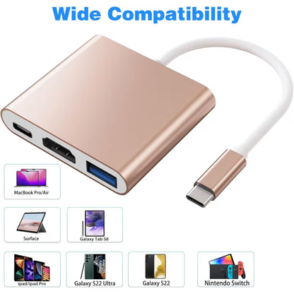 Zlatni adapter sa ikonama koje prikazuju kompatibilnost sa Macbook, Surface, tabletima, telefonima i konzolom