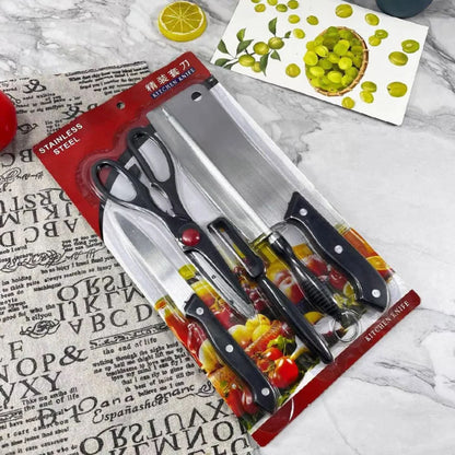 komplet kuhinjskih nozeva sa makazama i gulilicom na radnoj povrsini