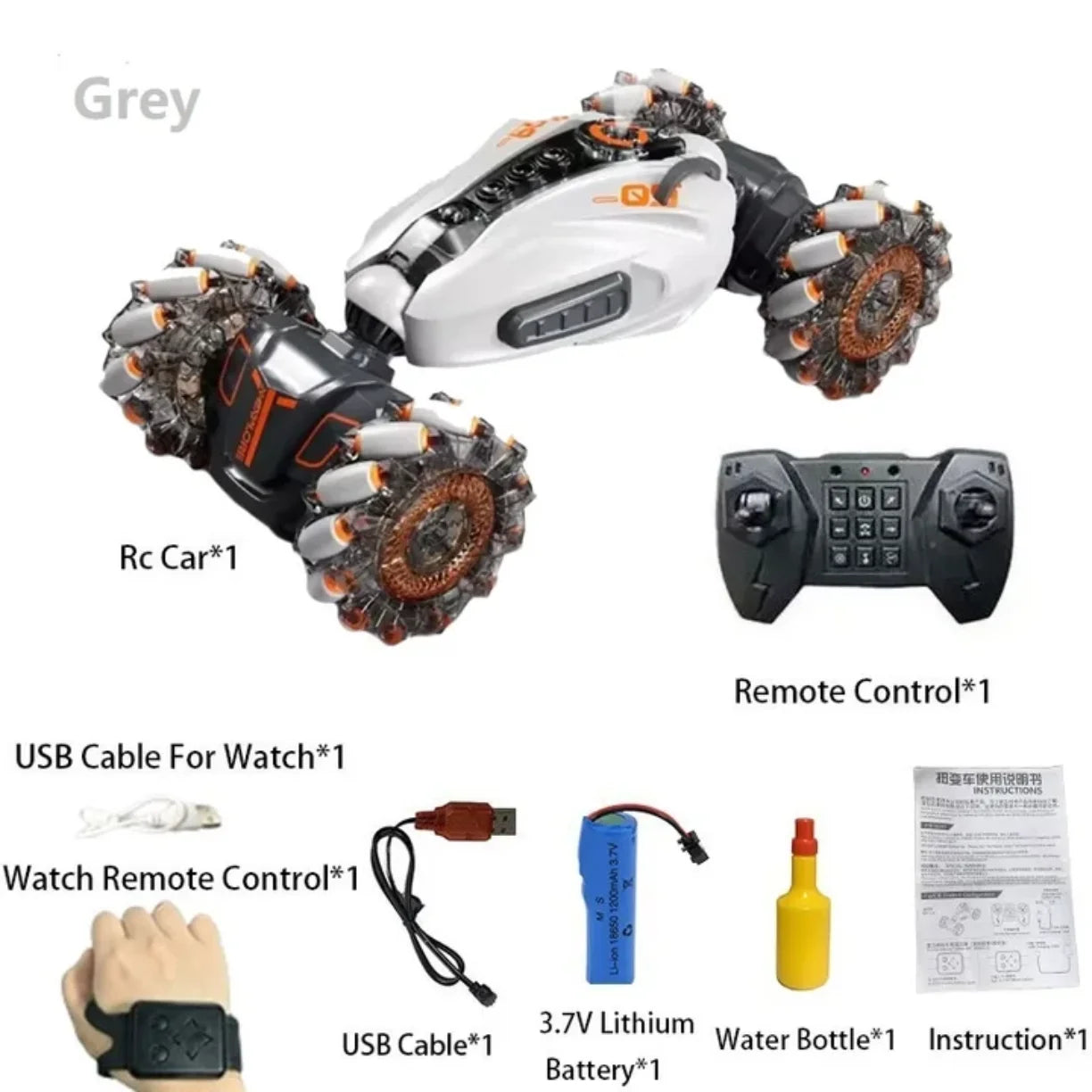 Komplet sivog RC auta sa daljinskim, narukvicom, baterijom i bocicom za vodu