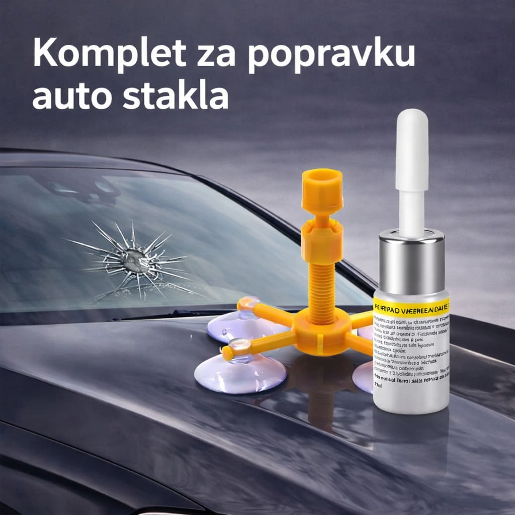 komplet za popravku auto stakla sa alatom i smesom pored vetrobrana sa pukotinom