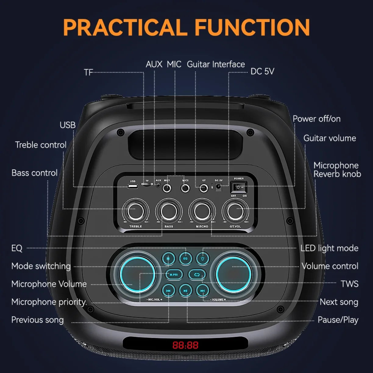 detaljan prikaz kontrolne table bluetooth karaoke zvucnika