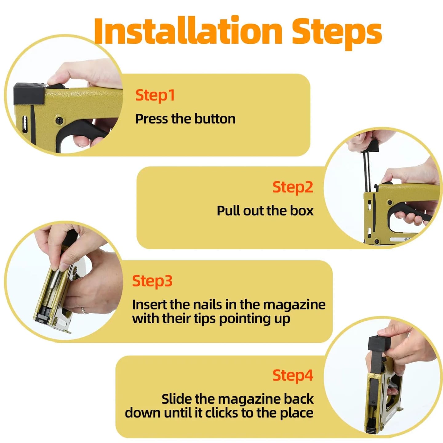 Koraci za ubacivanje pin eksera u klamericu HM515 sa detaljnim uputstvom