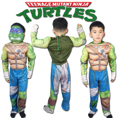 Kompletan kostim za decu, lik Rafaela, Kornjaca nindza, sa maskom. Prikazan je sa prednje i zadnje strane. Idealno za maskenbal, rodjendan ili Novu godinu.