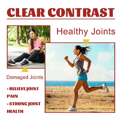 Poređenje zdravih i oštećenih zglobova. Prikaz žene koja trči sa zdravim zglobovima i žene koja sedi sa bolnim zglobovima. Krema ublažava bol i poboljšava zdravlje zglobova.