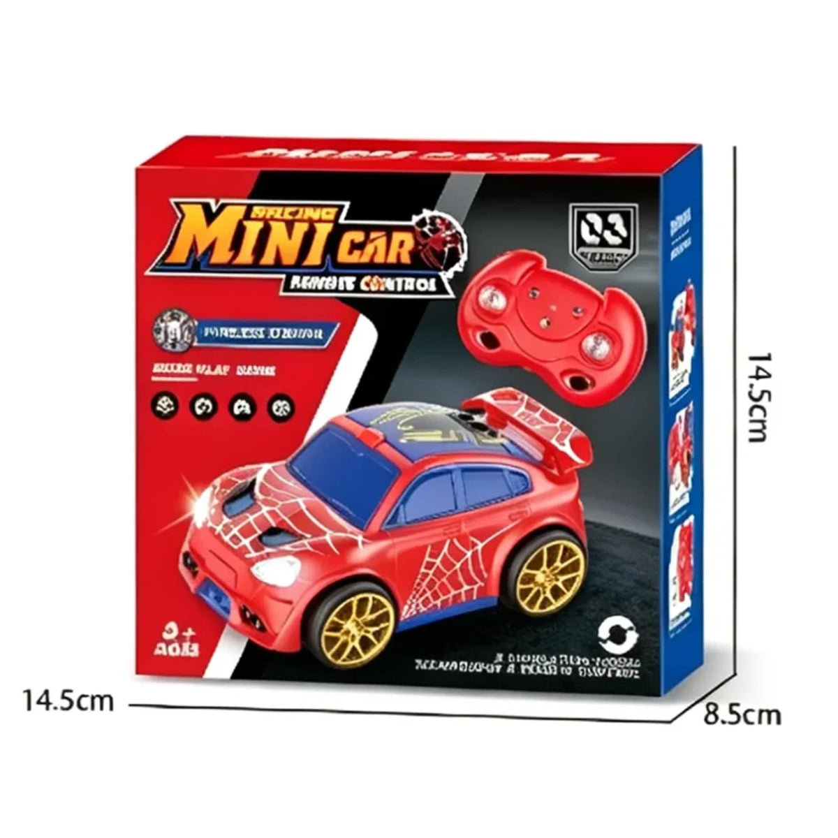 Kutija mini RC auto spajder sa prikazom igracke i dimenzijama pakovanja