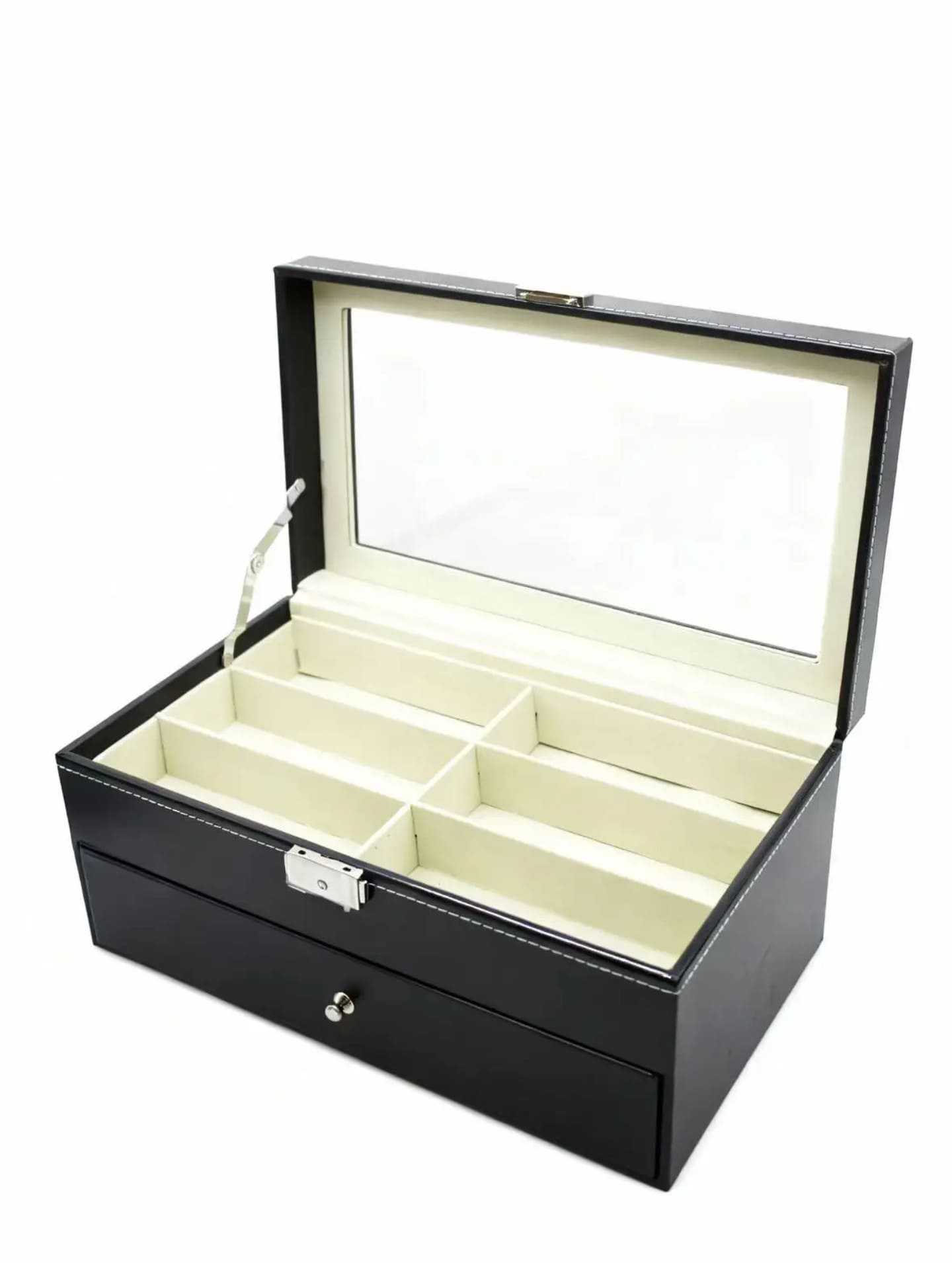 Unutrasnjost kutije za cuvanje naocara sa pregradama i staklenim poklopcem