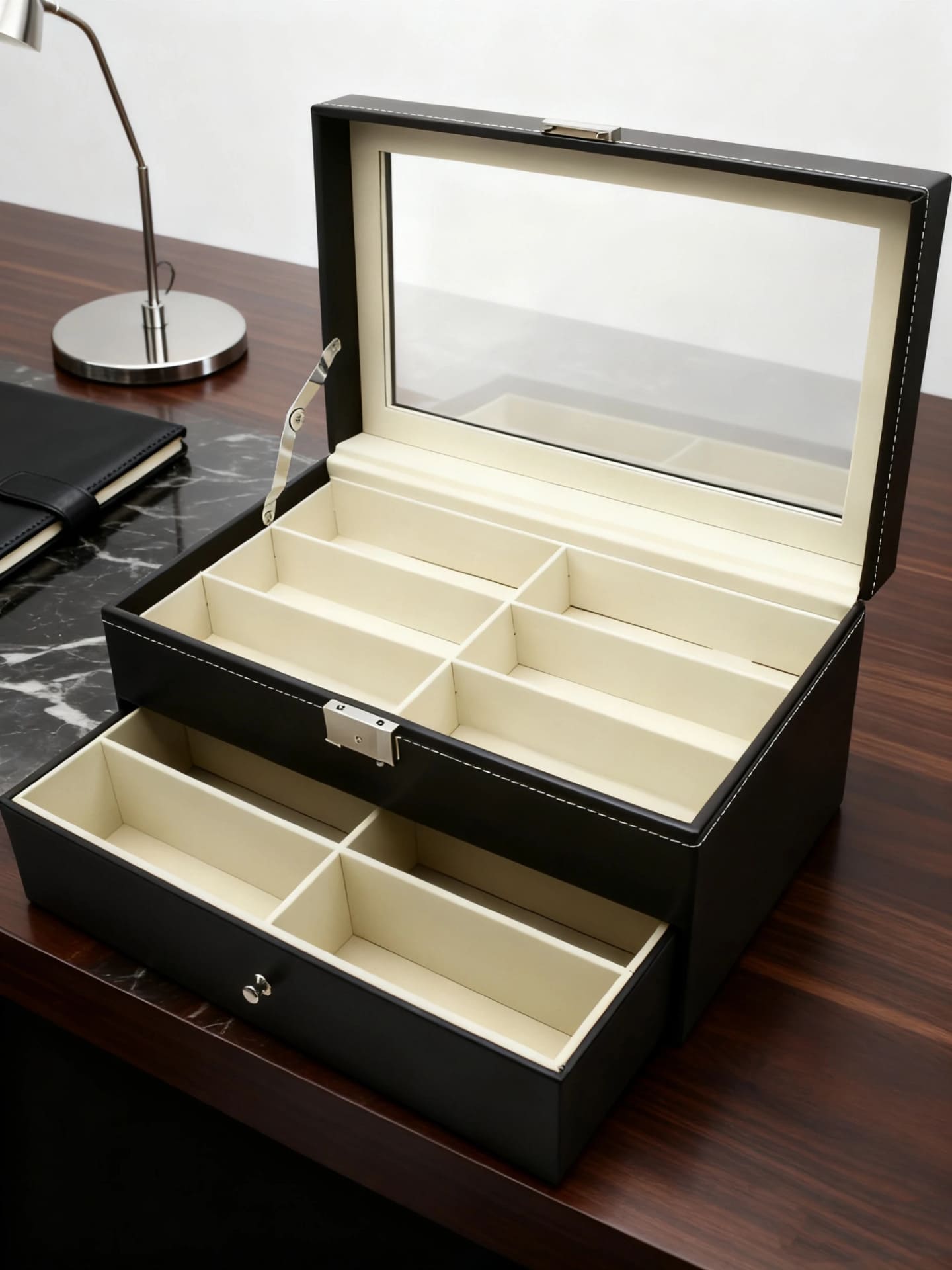 Kutija za naocare sa fiokom postavljena na radnom stolu u kancelarijskom prostoru