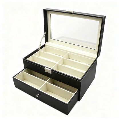 Kutija za naocare sa fiokom otvorena sa praznim pregradama za organizaciju naocara