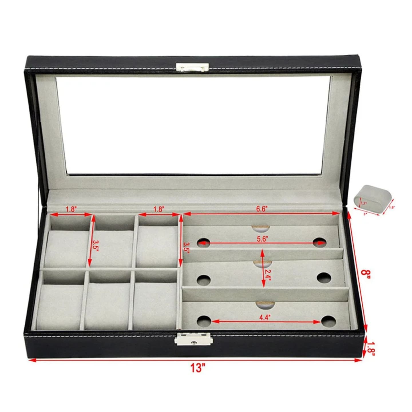 Unutrašnje dimenzije kutije za satove i naočare sa pregradama i mestima za satove i naočare