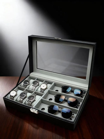 Kutija za satove i naočare sa staklenim poklopcem, crna organizaciona kutija za bezbedno čuvanje satova i sunčanih naočara