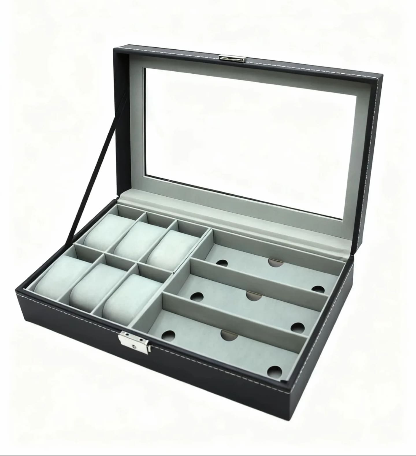 Prazna unutrašnjost kutije za satove i naočare sa odvojenim pregradama