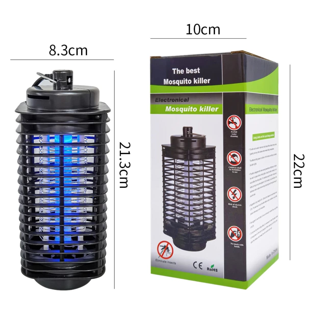 Lampa protiv komaraca sa tacno prikazanim dimenzijama uredjaja i kutije na beloj pozadini sa CE i RoHS sertifikatima